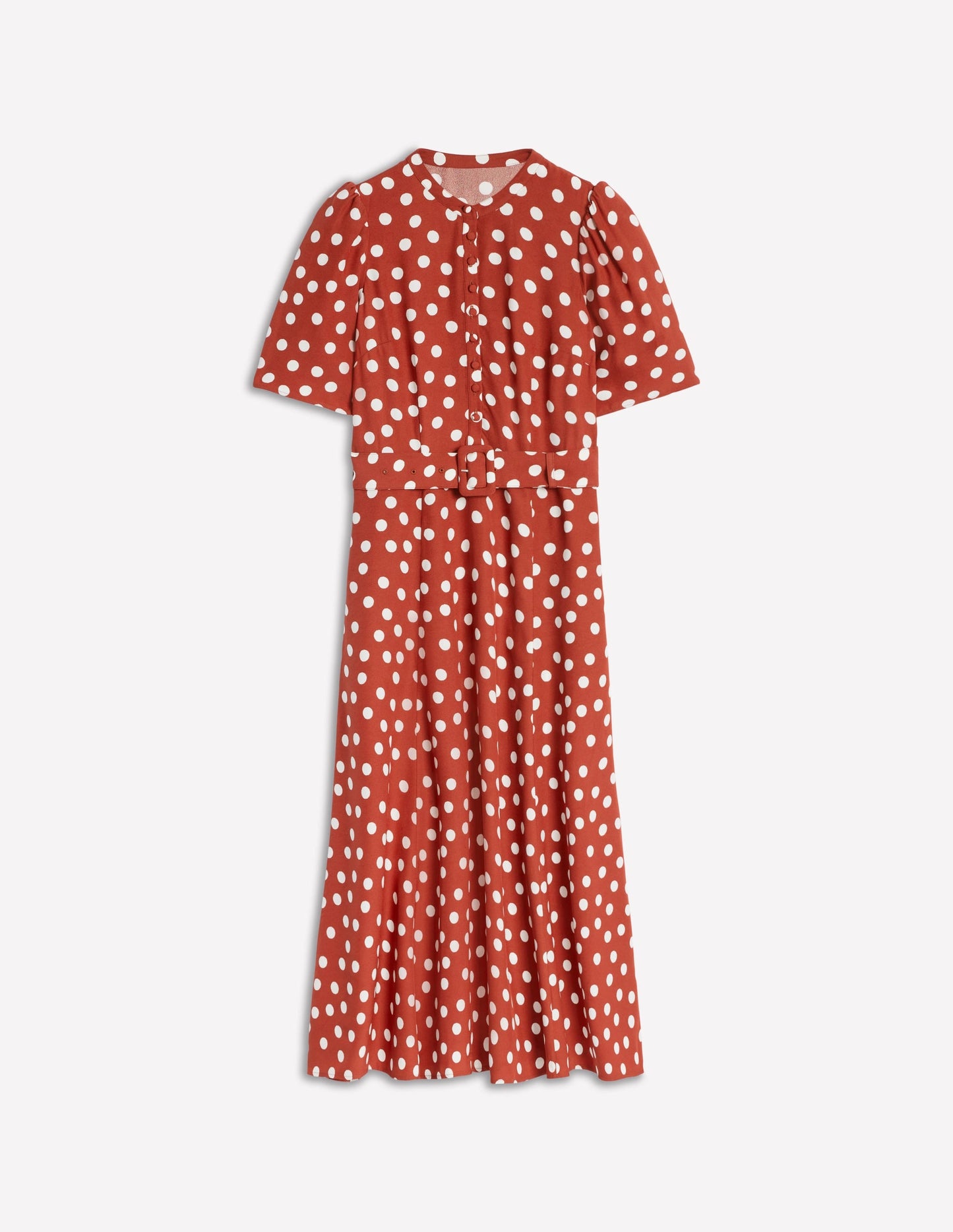 Kate Puff Sleeve Belted Dress-Roasted Chestnut, Painted Dot