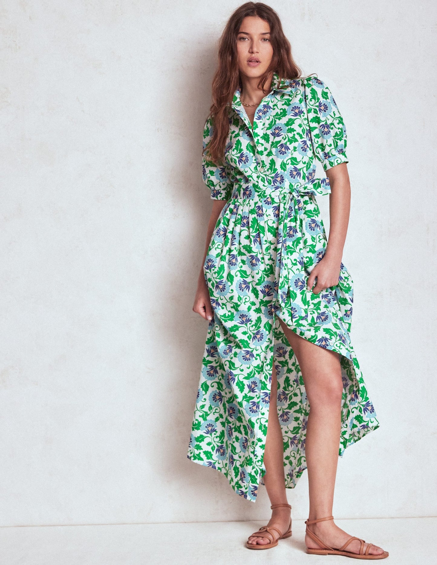 Alexa Maxi Shirt Dress-Rich Emerald, Ornate Vine