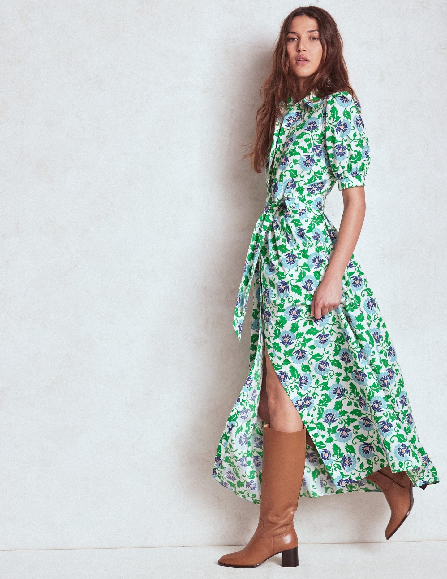 Alexa Maxi Shirt Dress-Rich Emerald, Ornate Vine