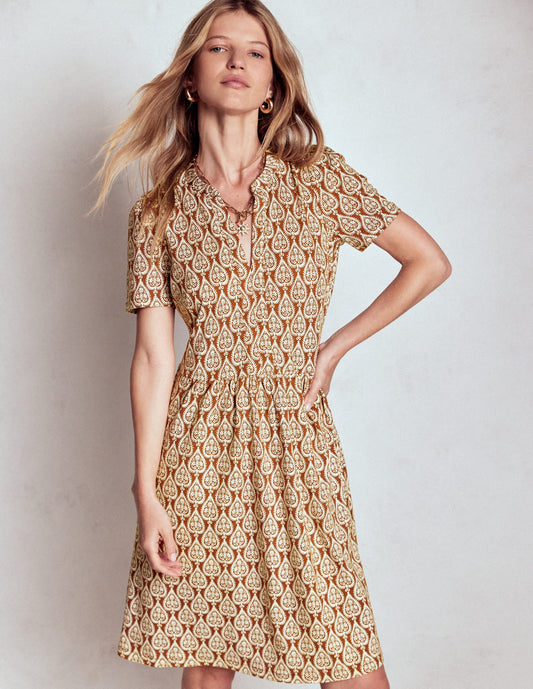 Naomi Short Sleeve Dress-Cognac, Ornate Geo
