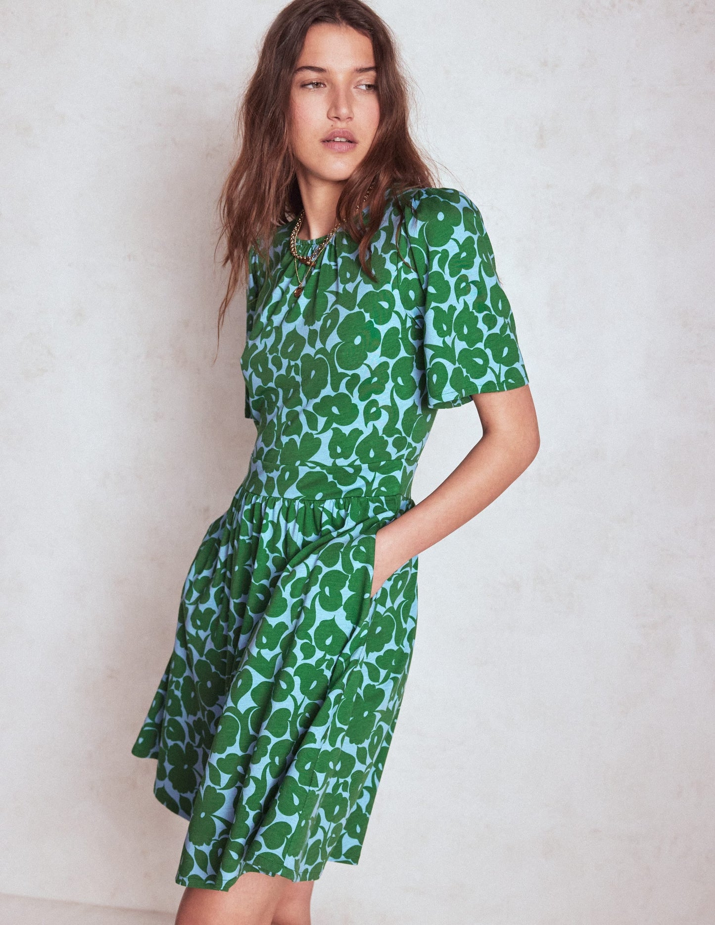 Louisa Short Jersey Dress-Highland Green, Leafy Grove