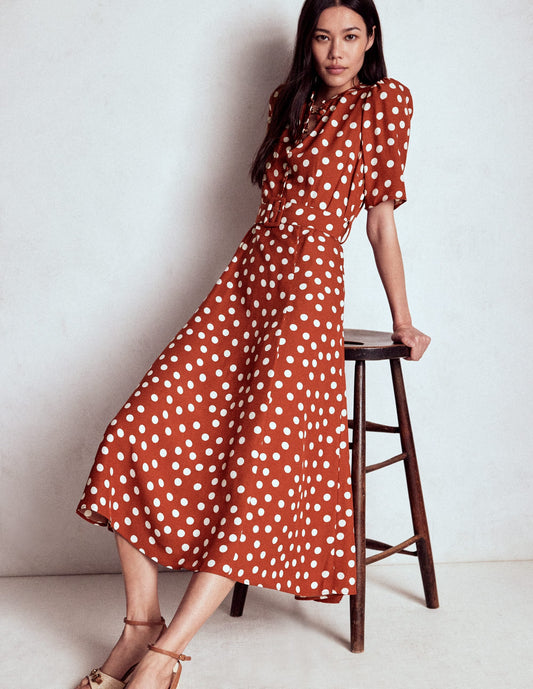 Kate Puff Sleeve Belted Dress-Roasted Chestnut, Painted Dot