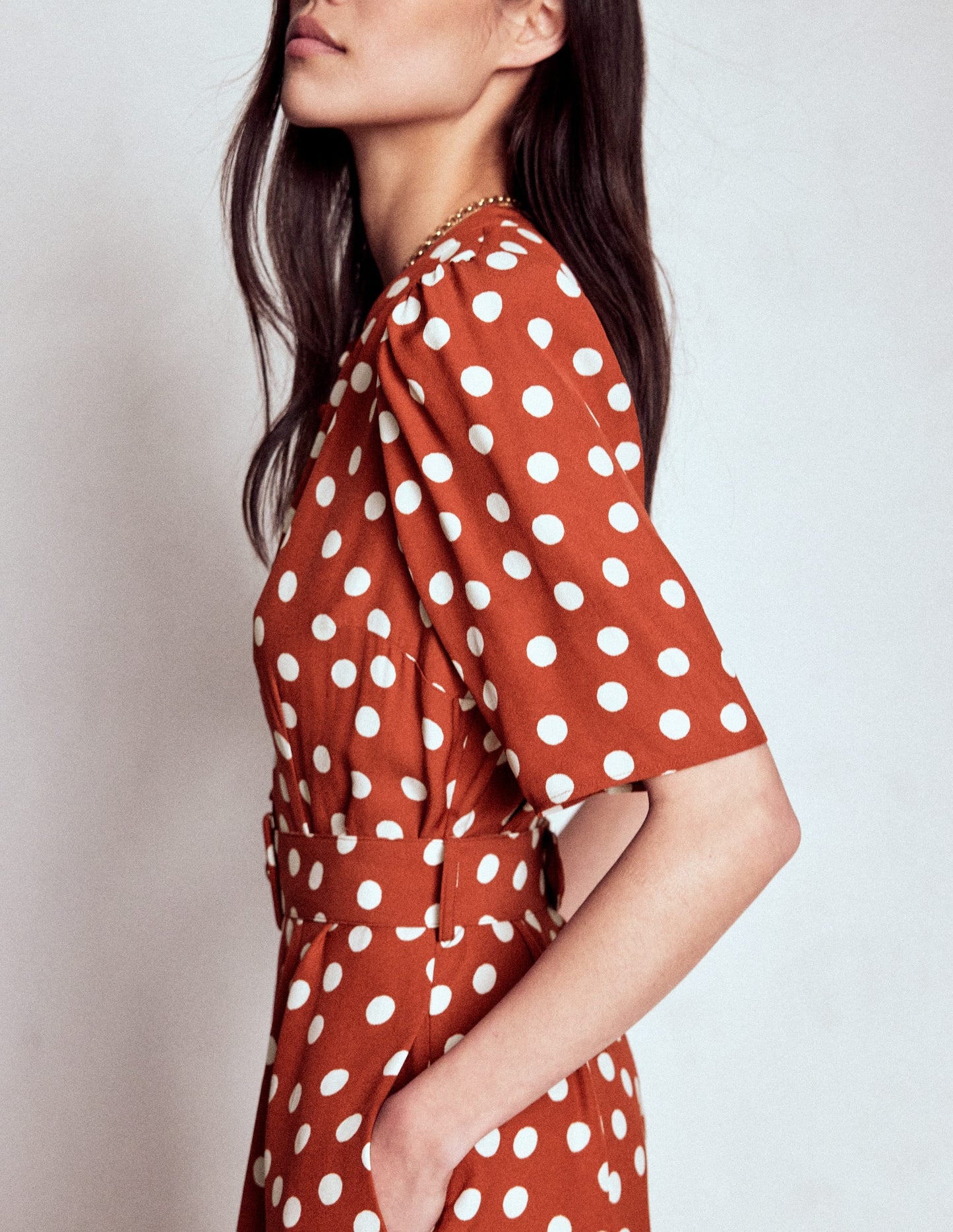 Kate Puff Sleeve Belted Dress-Roasted Chestnut, Painted Dot