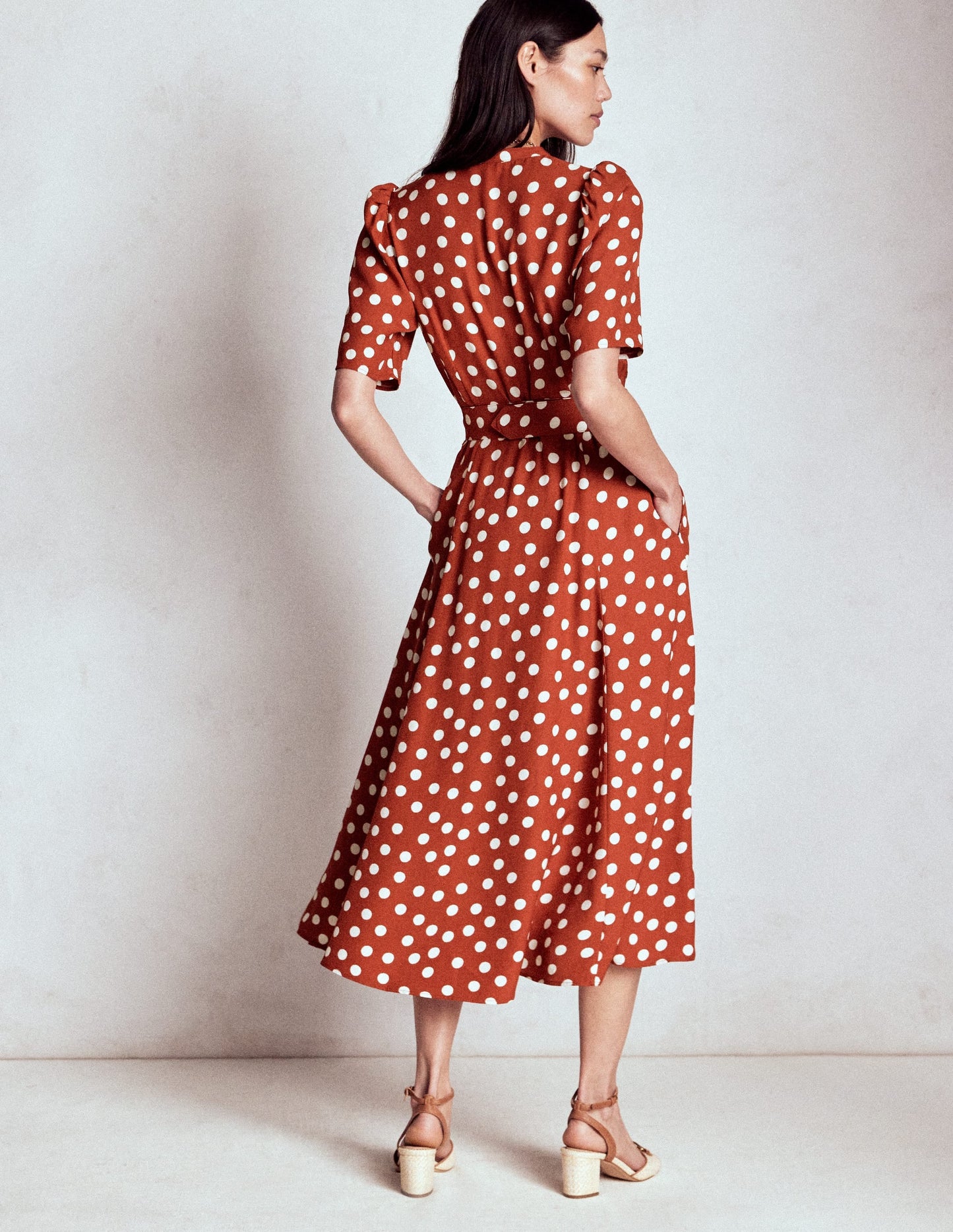 Kate Puff Sleeve Belted Dress-Roasted Chestnut, Painted Dot
