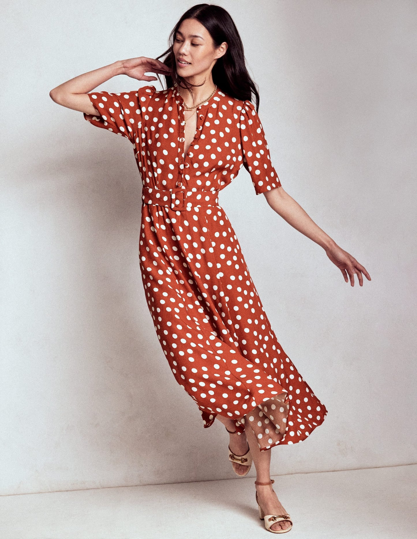 Kate Puff Sleeve Belted Dress-Roasted Chestnut, Painted Dot