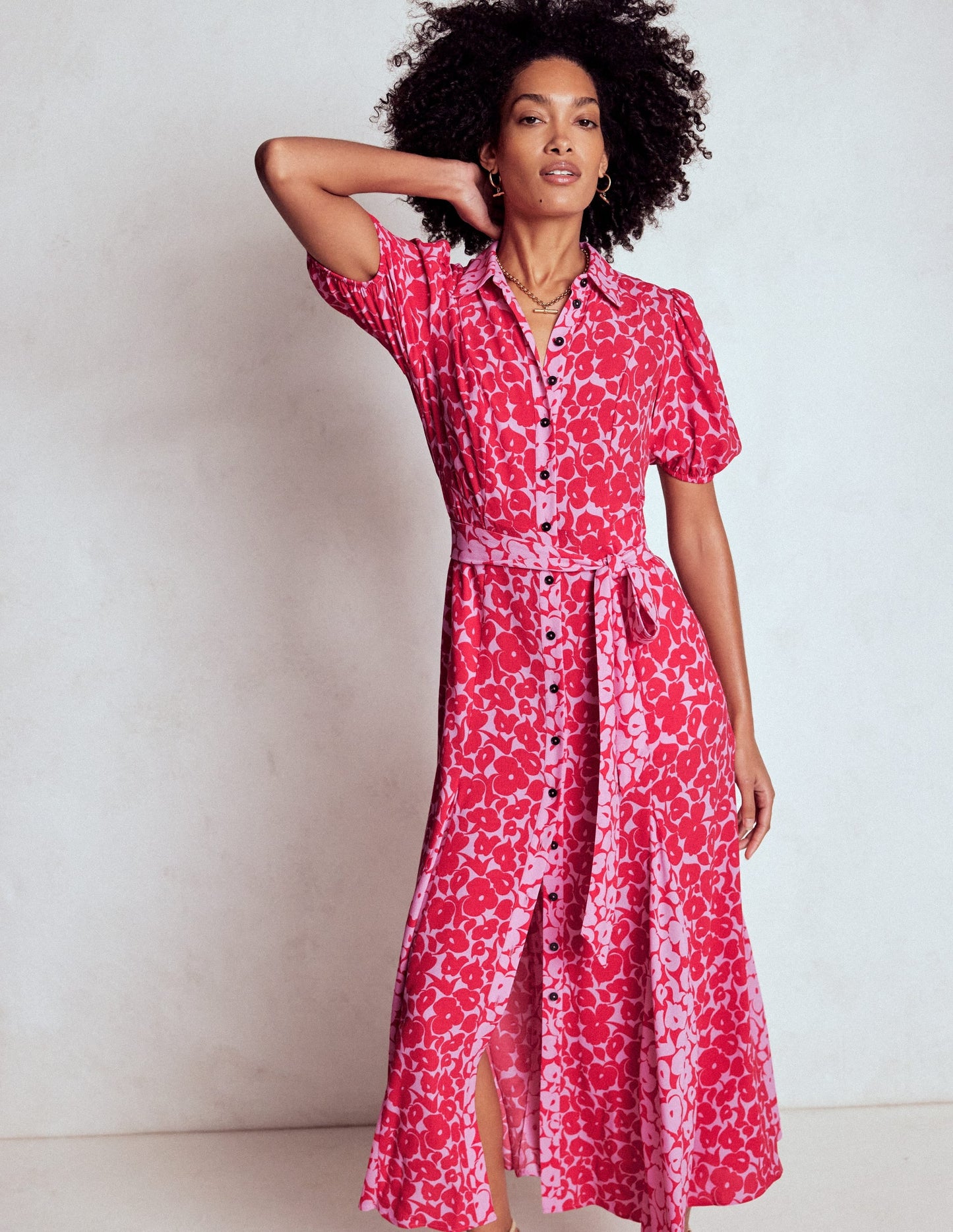 Alegra Midi Shirt Dress-Jewel Red, Leafy Grove