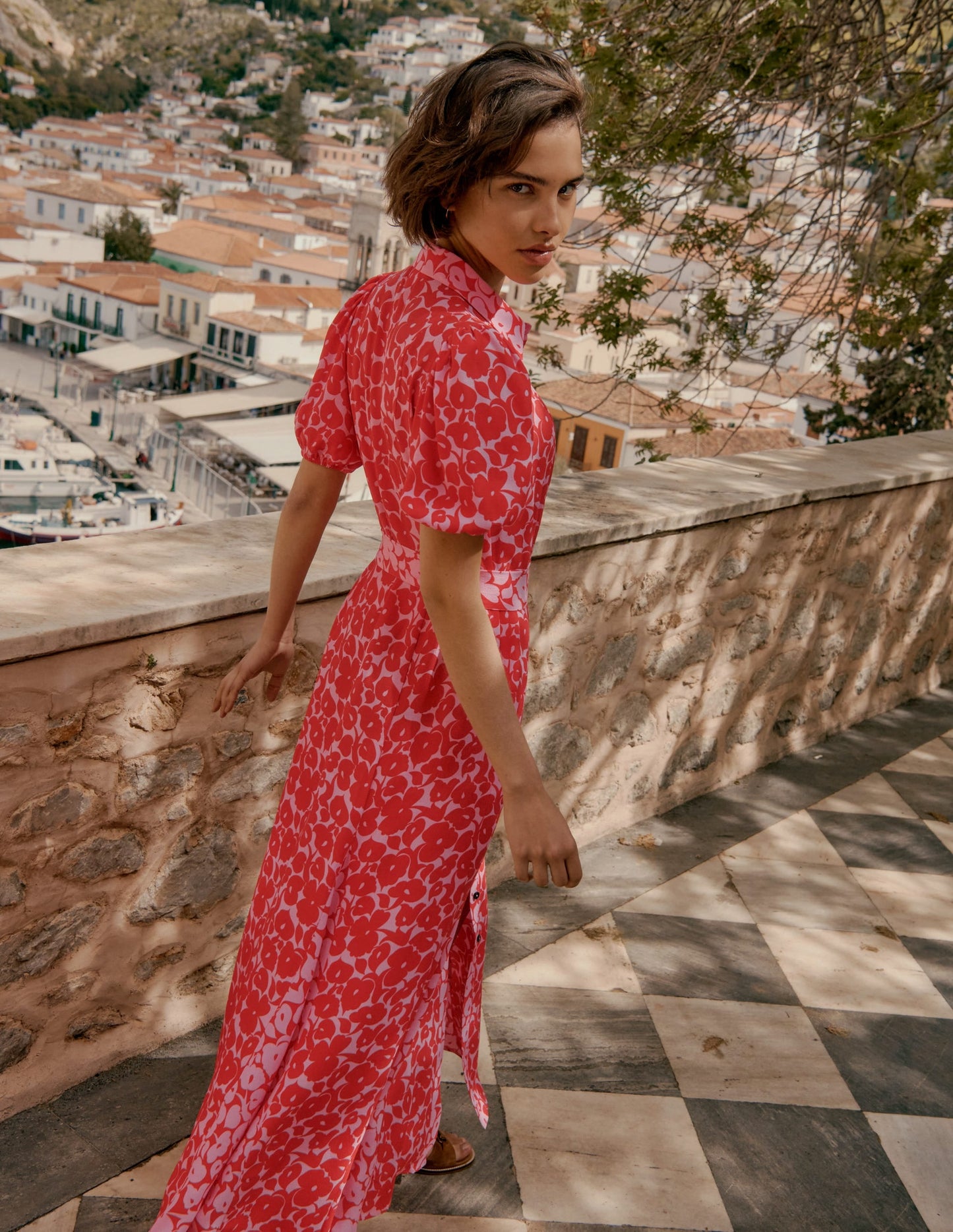 Alegra Midi Shirt Dress-Jewel Red, Leafy Grove