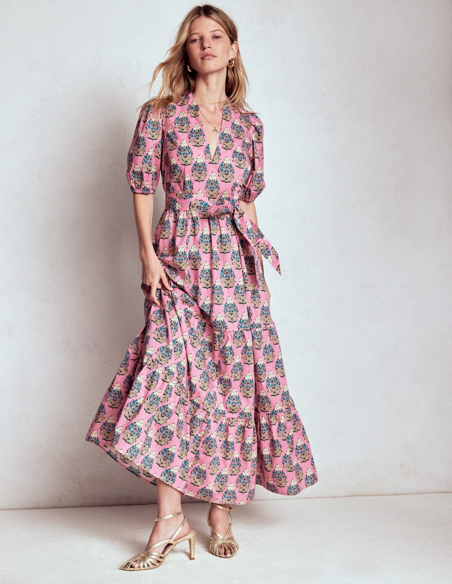 Christabel Cotton Midi Dress-Pink, Wildflower Bouquet