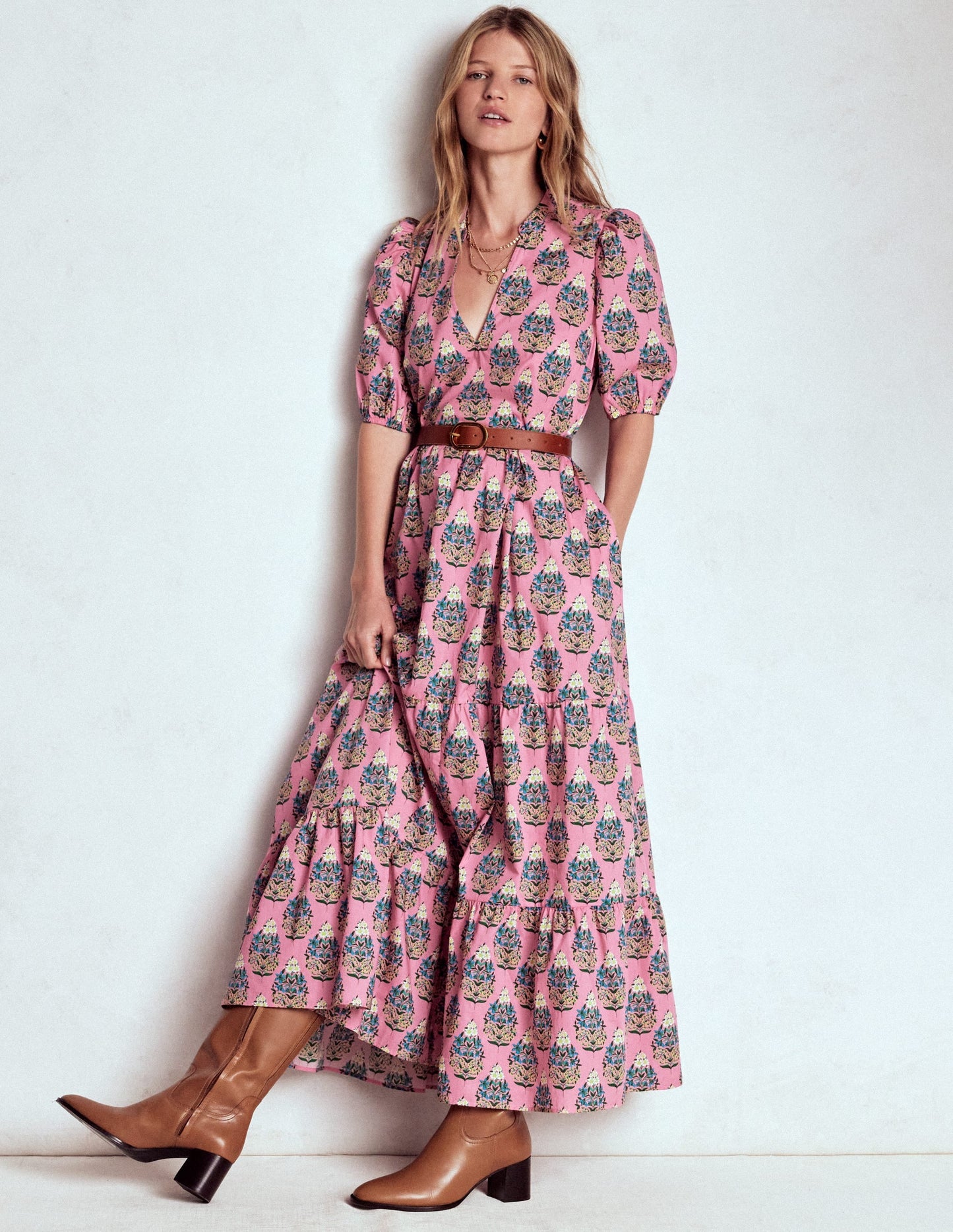 Christabel Cotton Midi Dress-Pink, Wildflower Bouquet