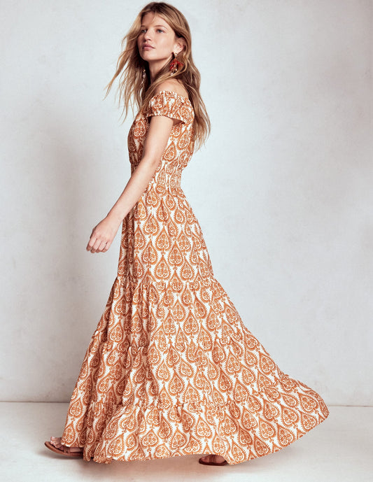 Scoop Cotton Tiered Dress-Cognac, Ornate Geo