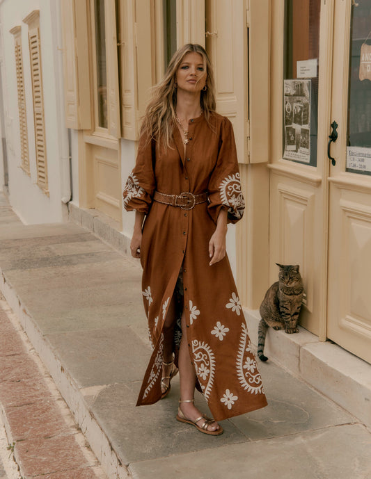 Mae Linen Blend Shirt Dress-Russet