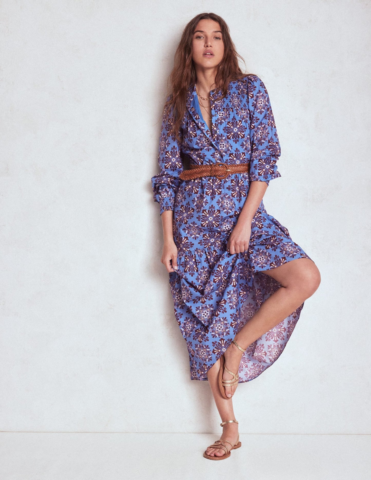 Cecily Cotton Midi Dress-Soft Blue, Bloom Mosaic