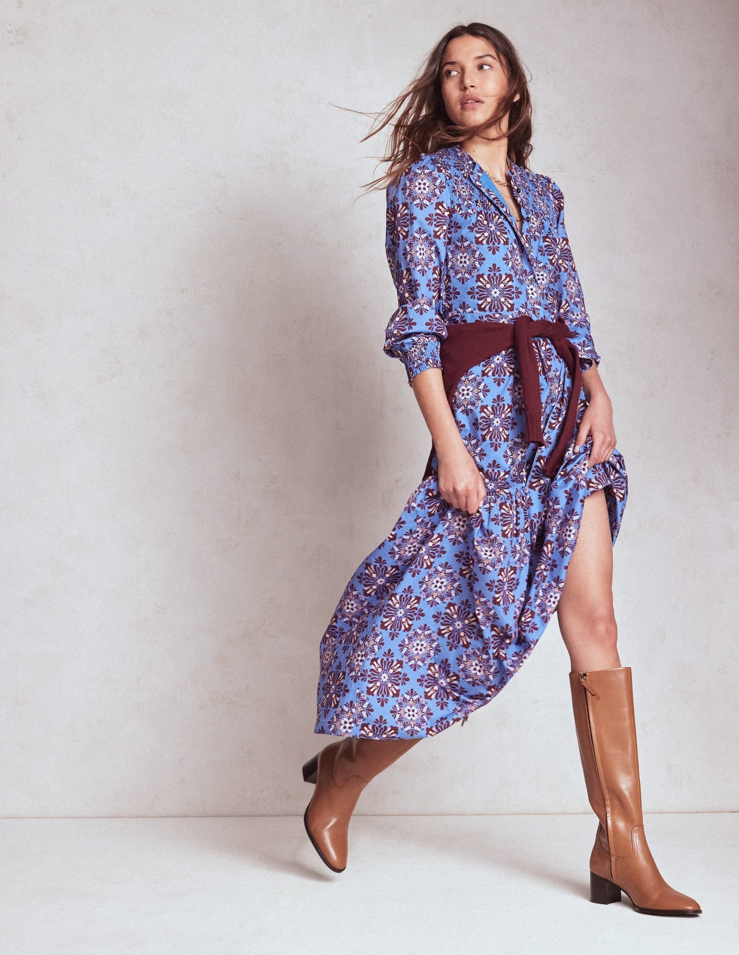 Cecily Cotton Midi Dress-Soft Blue, Bloom Mosaic