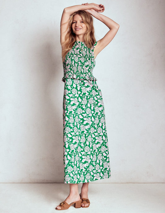 Carolina Smocked Midi Dress-Rich Emerald, Ornate Vine