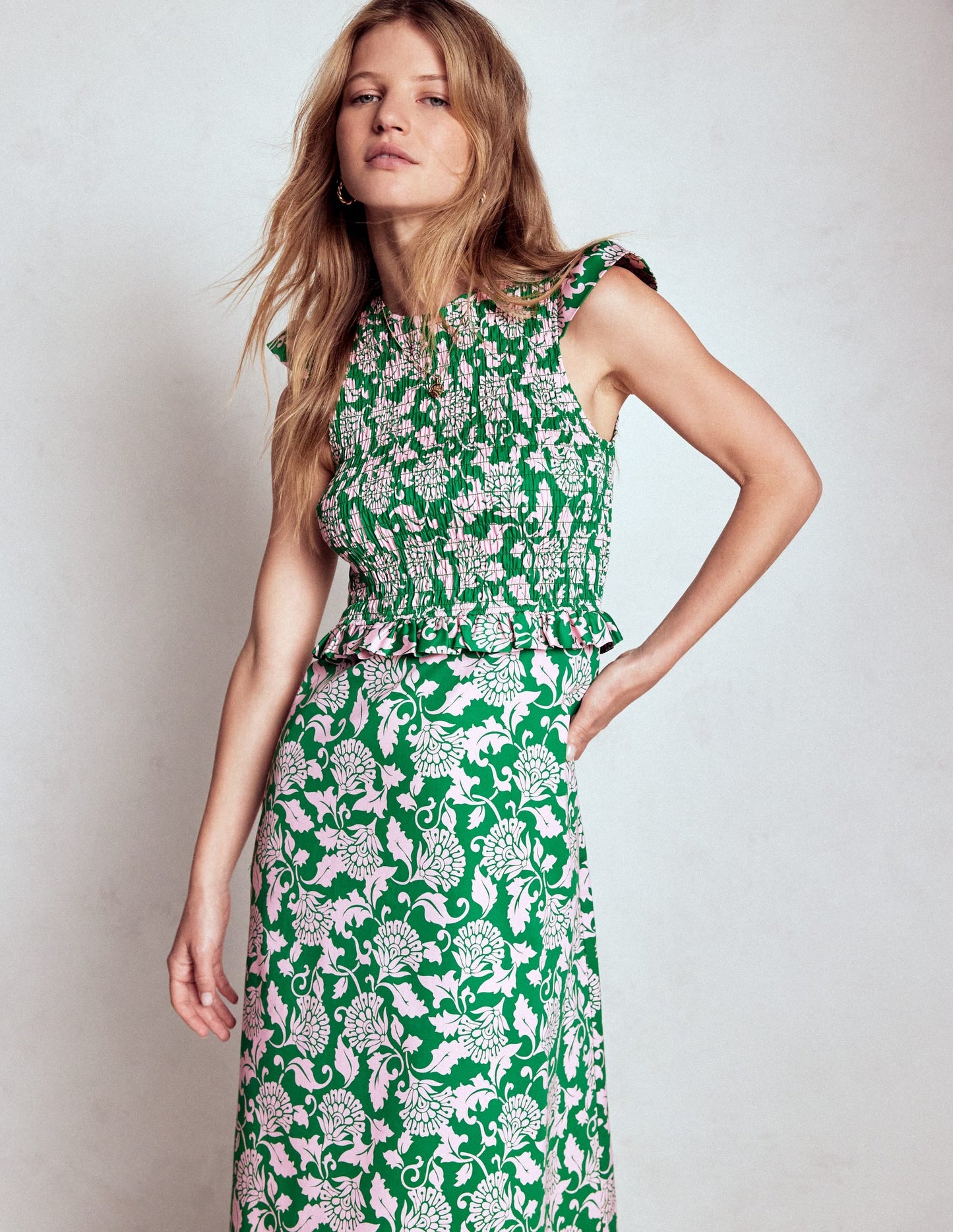 Carolina Smocked Midi Dress-Rich Emerald, Ornate Vine