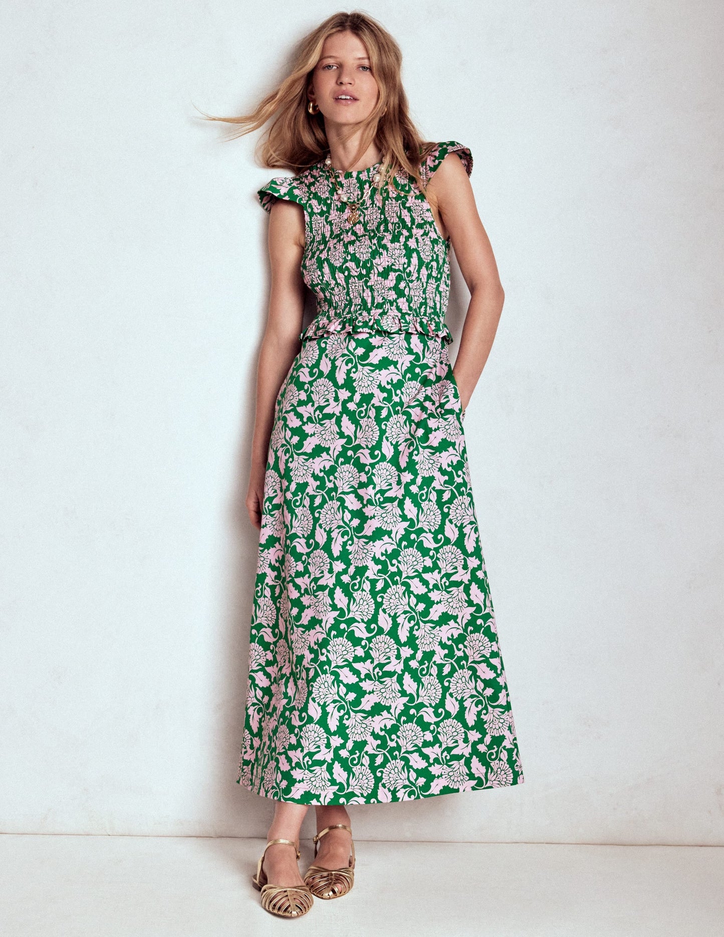 Carolina Smocked Midi Dress-Rich Emerald, Ornate Vine