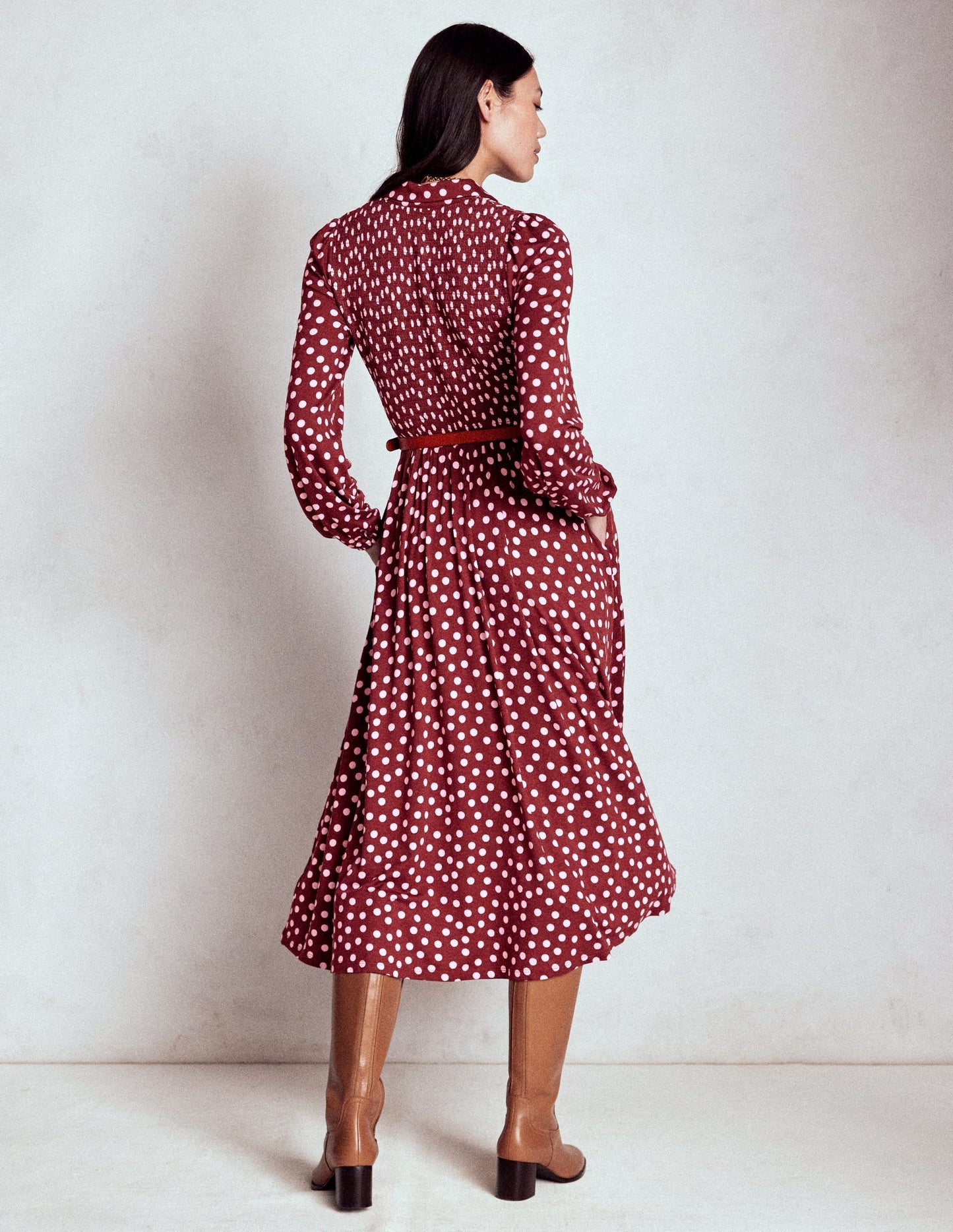 Smocked Jersey Shirt Dress-Chestnut, Painted Dot