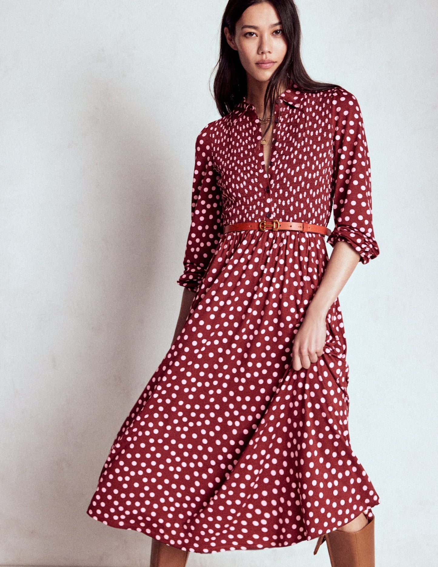 Smocked Jersey Shirt Dress-Chestnut, Painted Dot
