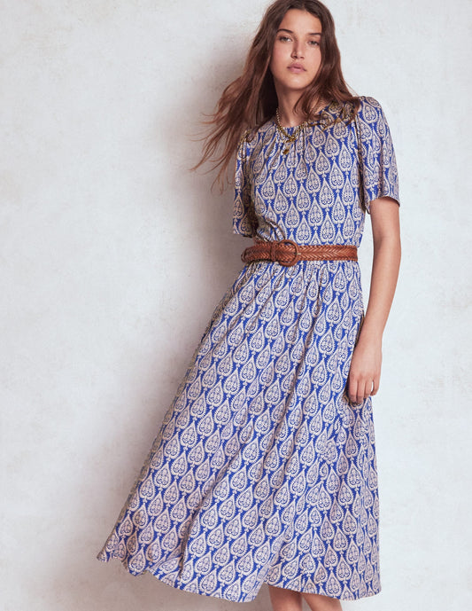 Louisa Jersey Midi Dress-Bright Blue, Ornate Geo