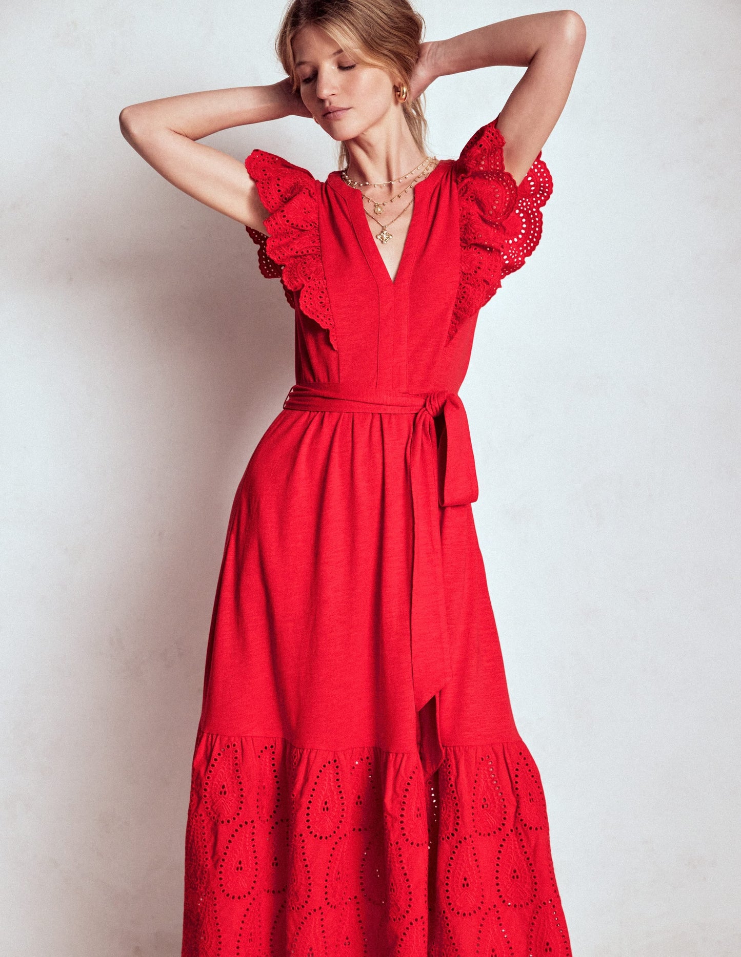 Ruffle Detail Tier Midi Dress-Poppy Red