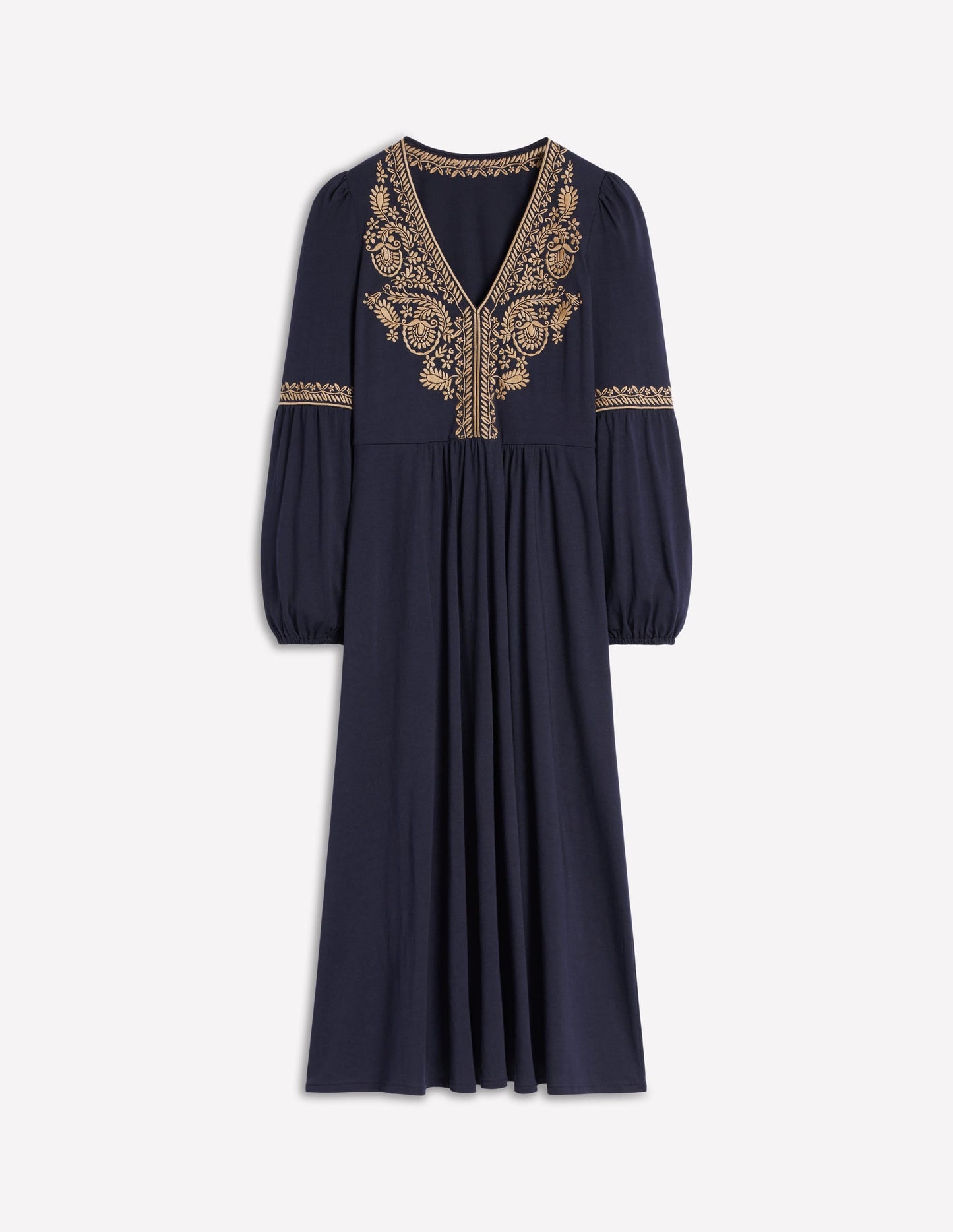 V-Neck Blouson Midi Dress-Navy