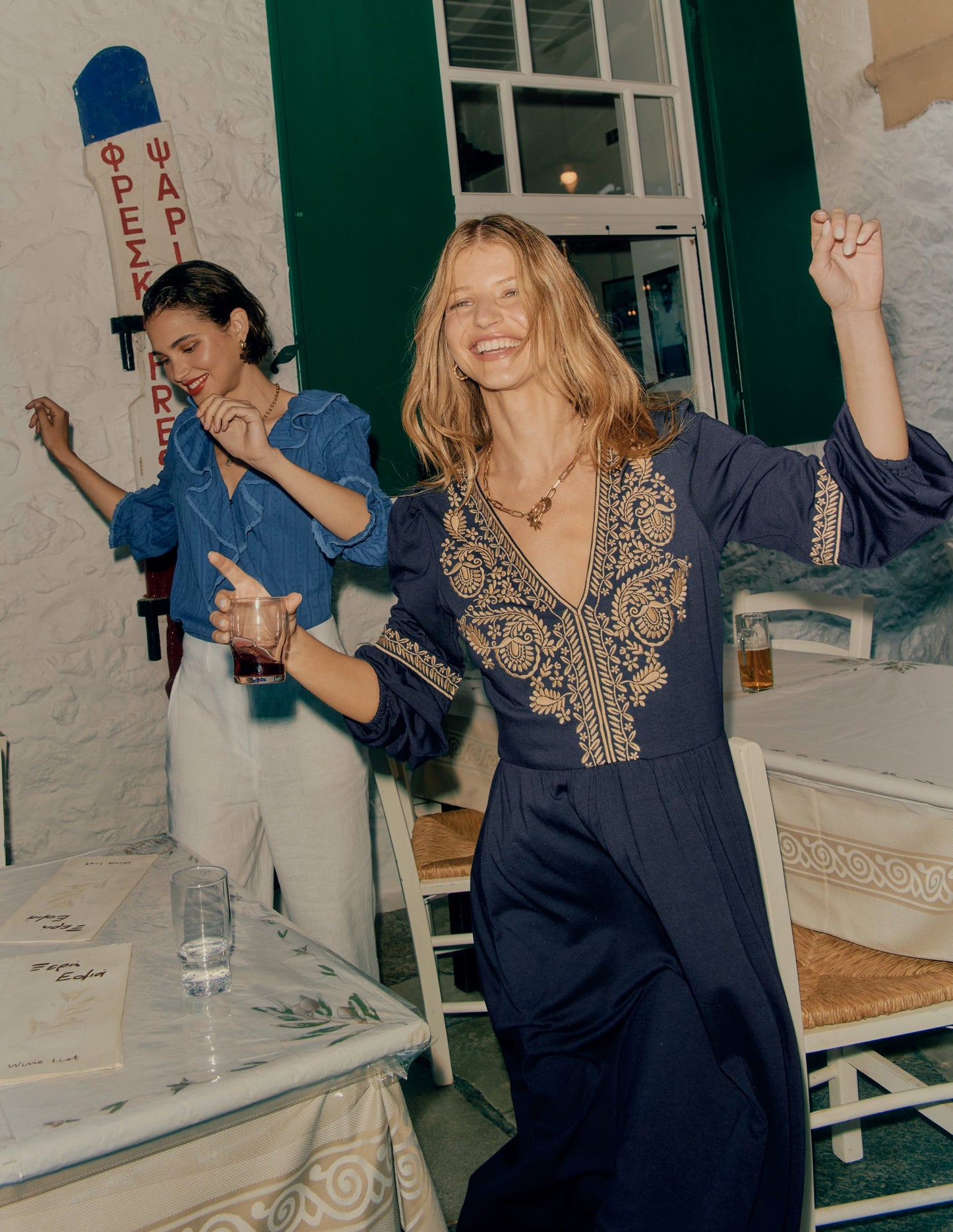 V-Neck Blouson Midi Dress-Navy