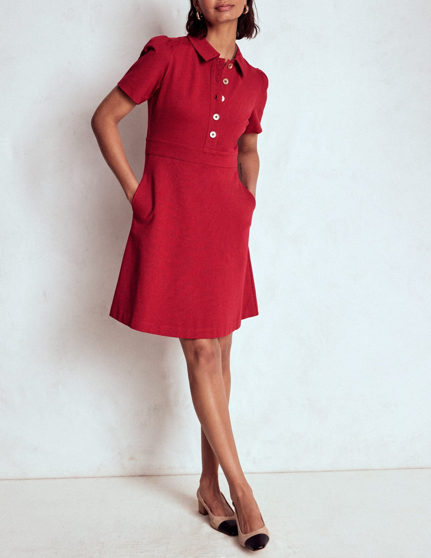 Nicolette Ponte Shirt Dress-Crimson Red