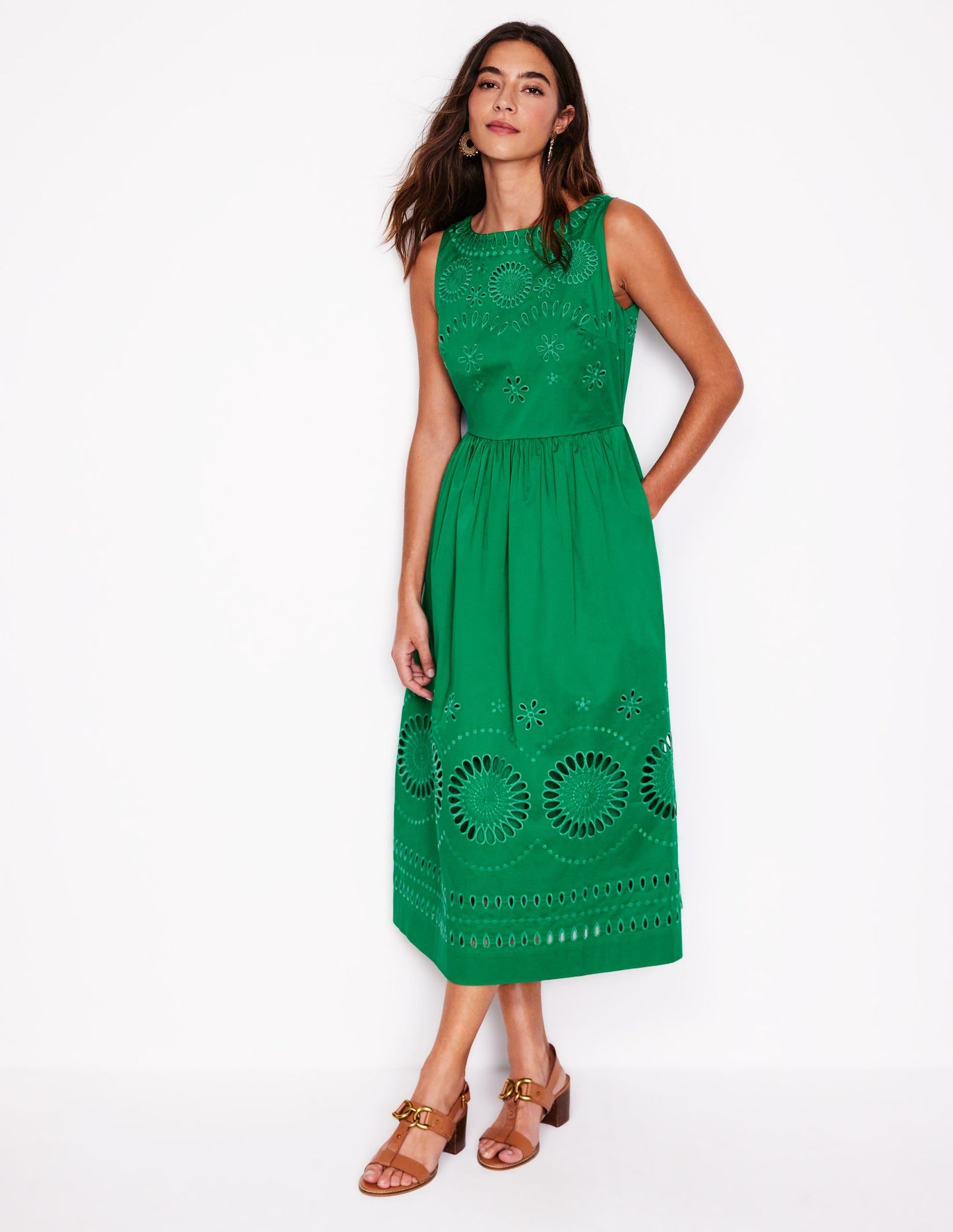 Lauren Broderie Midi Dress-Rich Emerald, Broderie