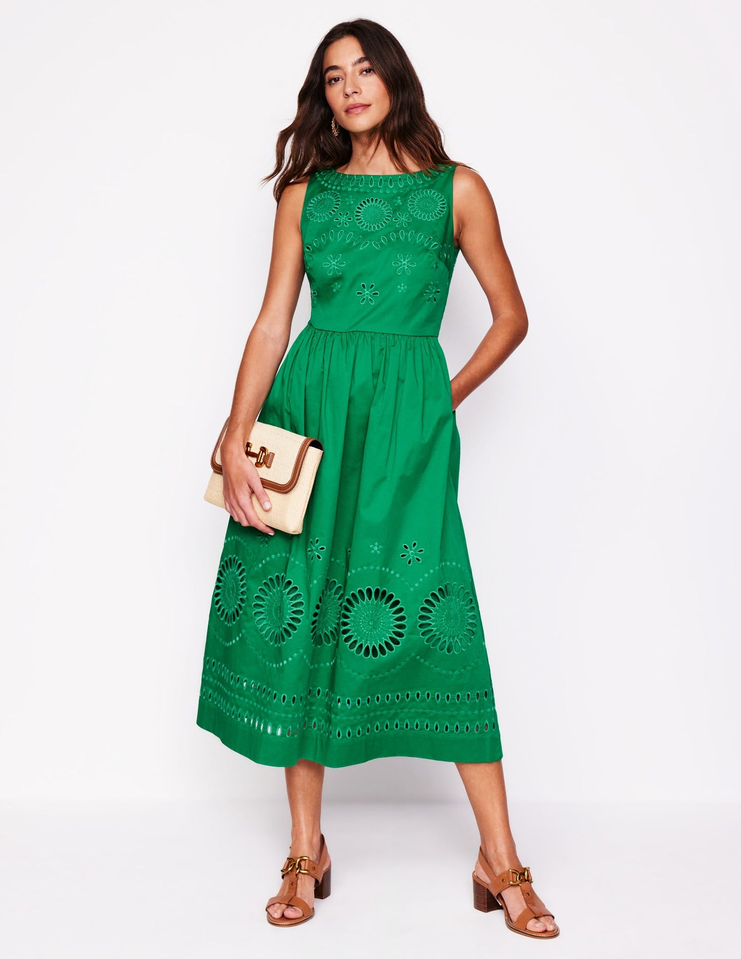Lauren Broderie Midi Dress-Rich Emerald, Broderie