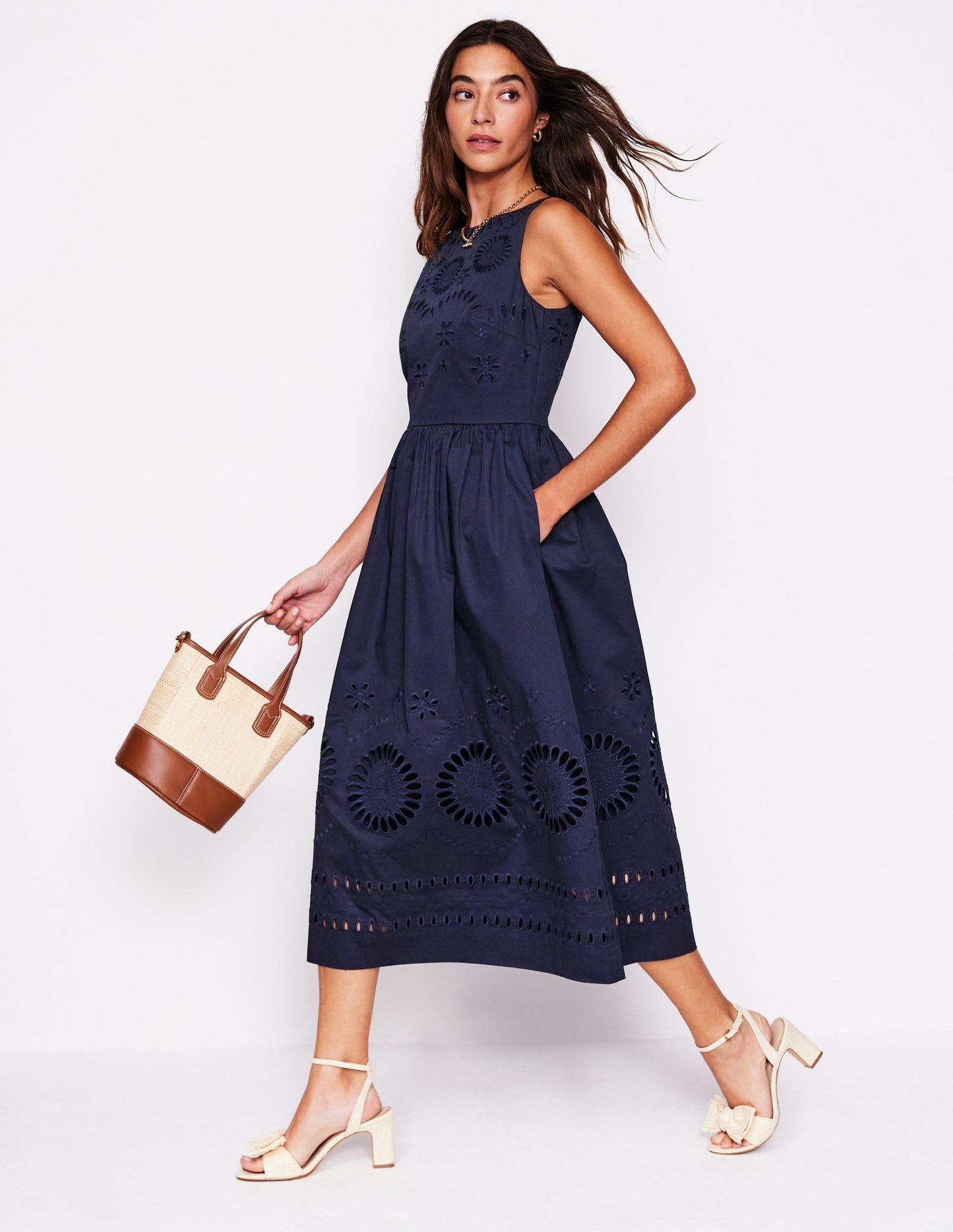 Lauren Broderie Midi Dress-Navy