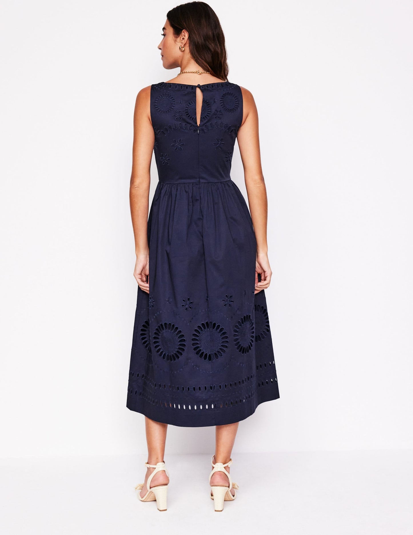 Lauren Broderie Midi Dress-Navy