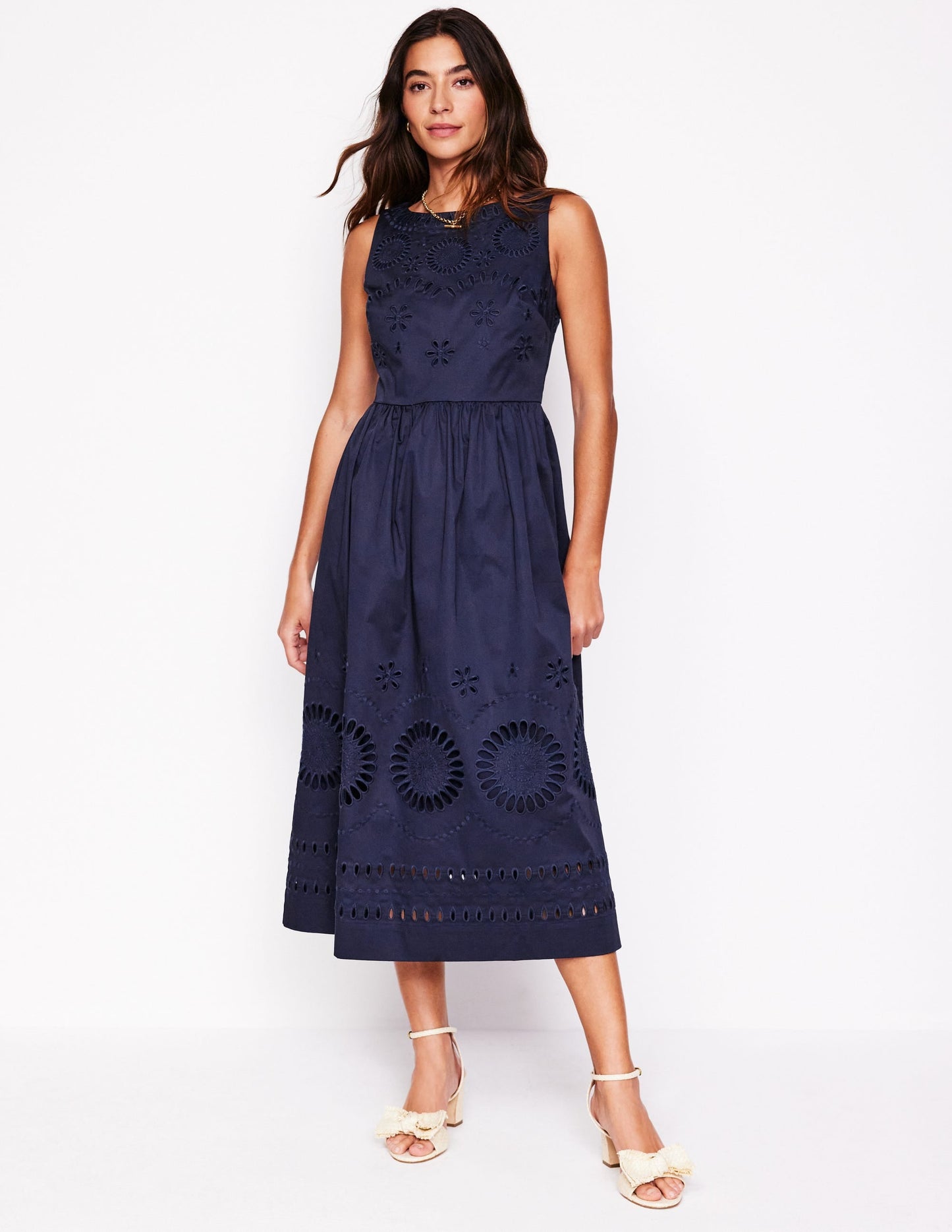 Lauren Broderie Midi Dress-Navy