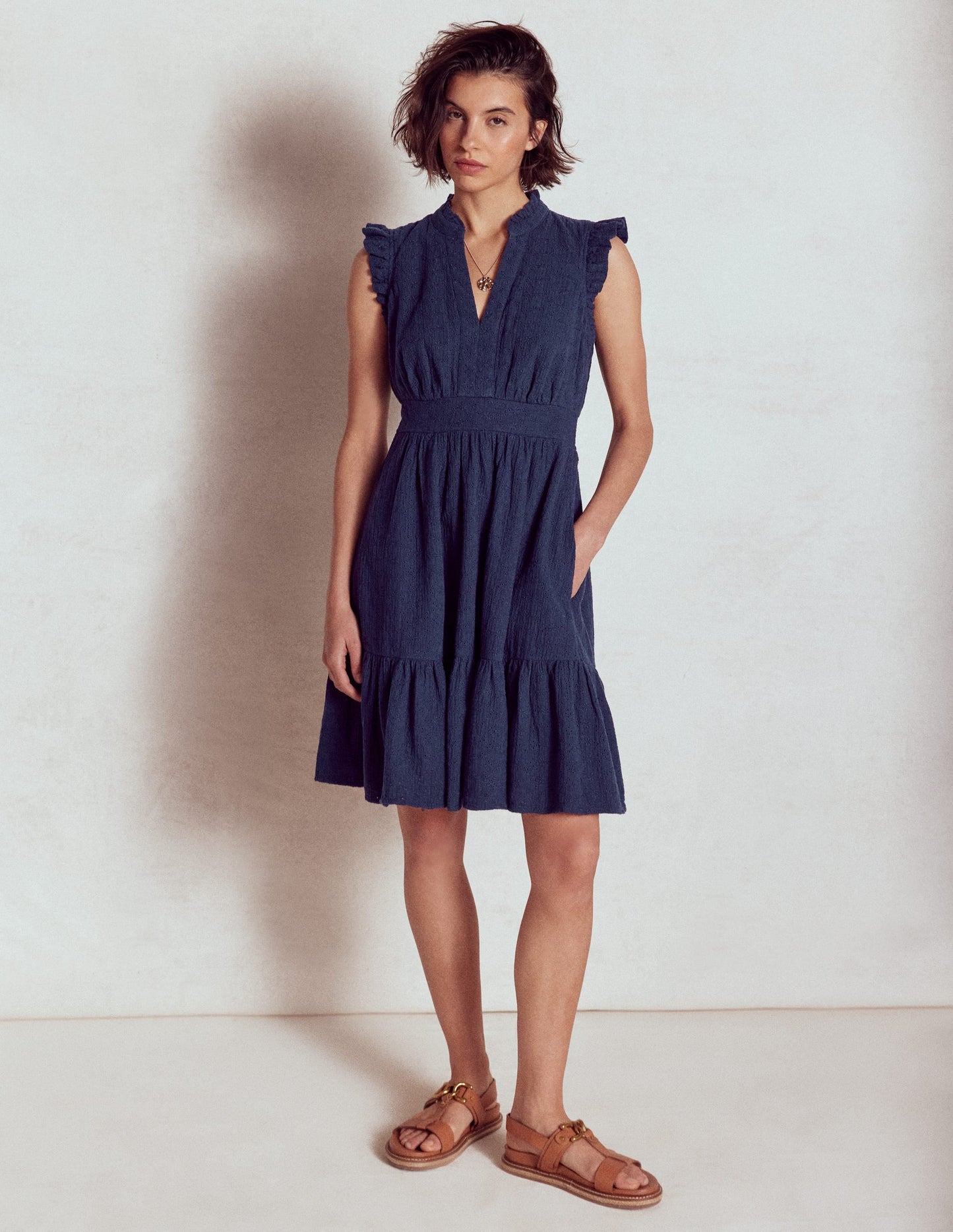 Wren Double Cloth Short Dress-Navy