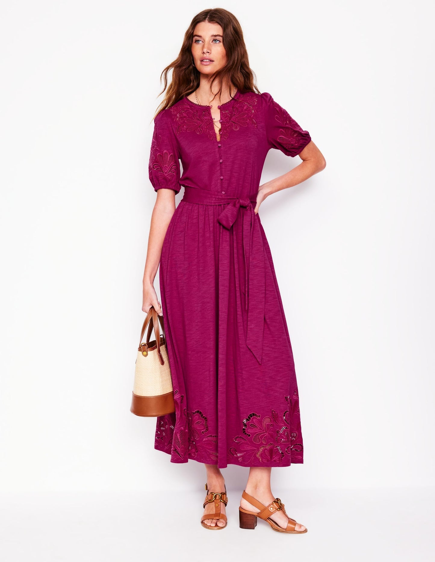 Cutwork Detail Midi Dress-Rich Magenta