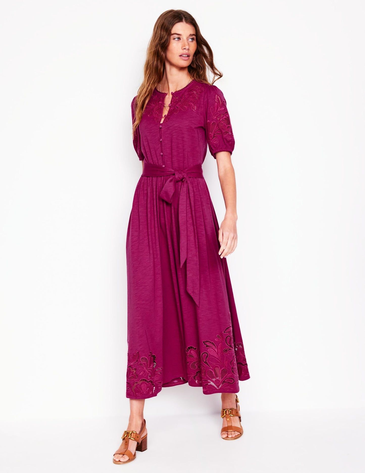 Cutwork Detail Midi Dress-Rich Magenta