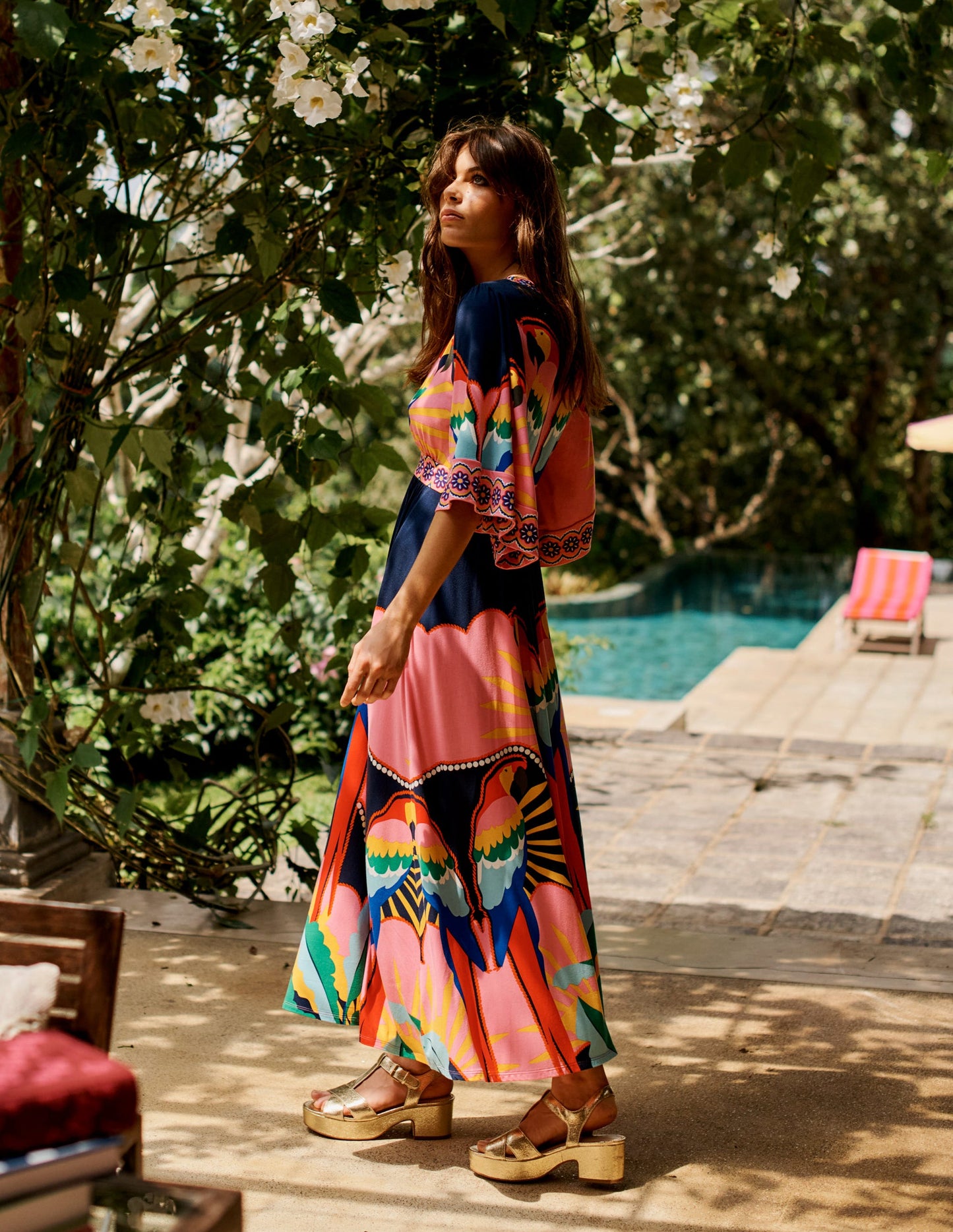 Maya Kimono Jersey Maxi Dress-Multi, Paradise Parrot