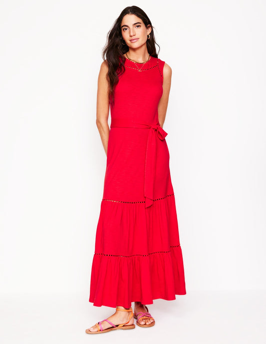 Mila Trim Tiered Jersey Dress-Poppy Red