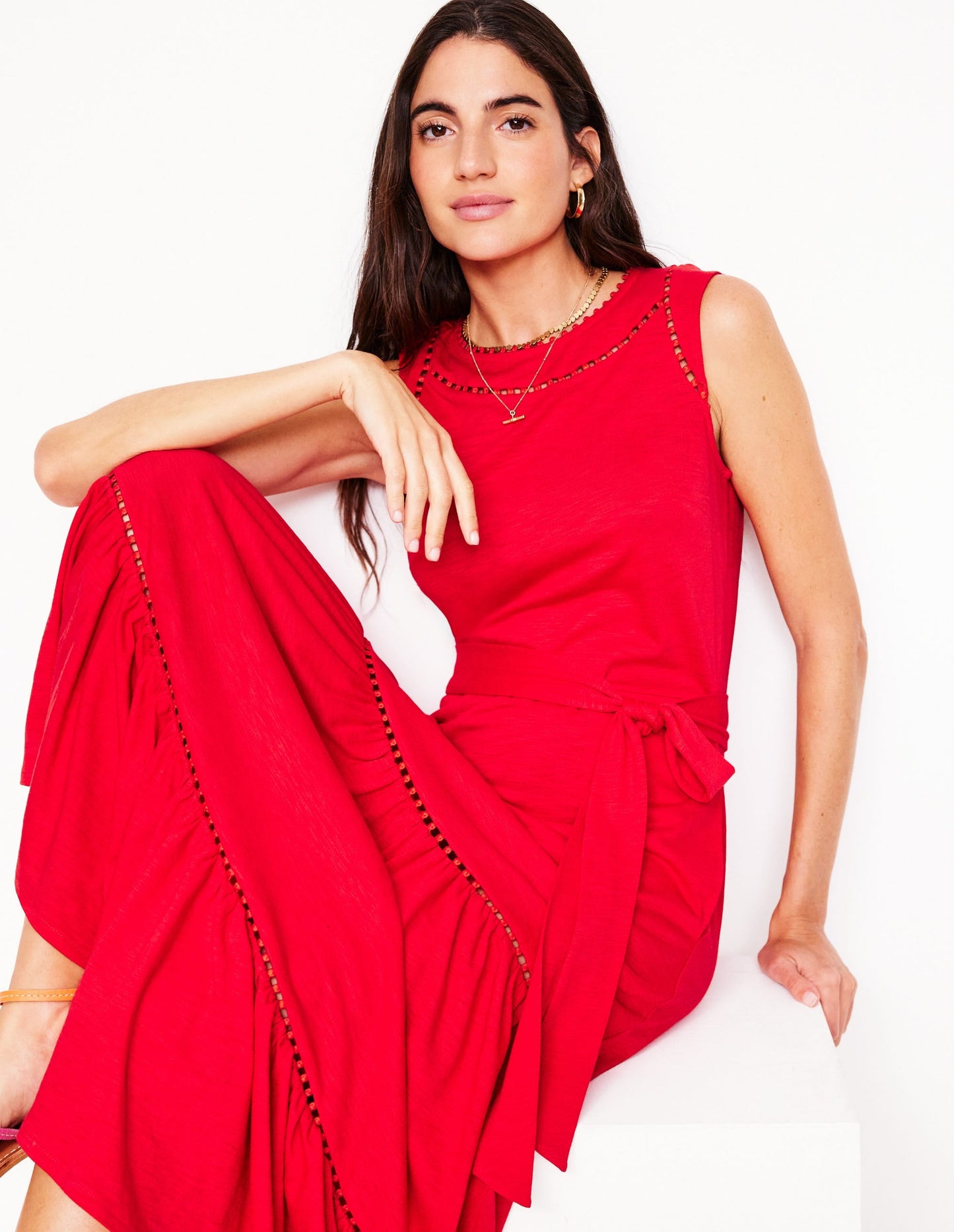 Mila Trim Tiered Jersey Dress-Poppy Red